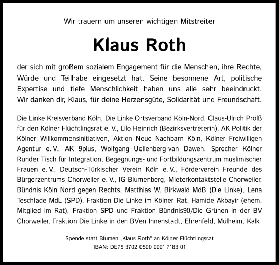 Anzeige von Klaus Roth von Kölner Stadt-Anzeiger / Kölnische Rundschau / Express