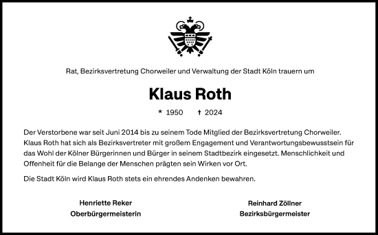 Anzeige von Klaus Roth von Kölner Stadt-Anzeiger / Kölnische Rundschau / Express