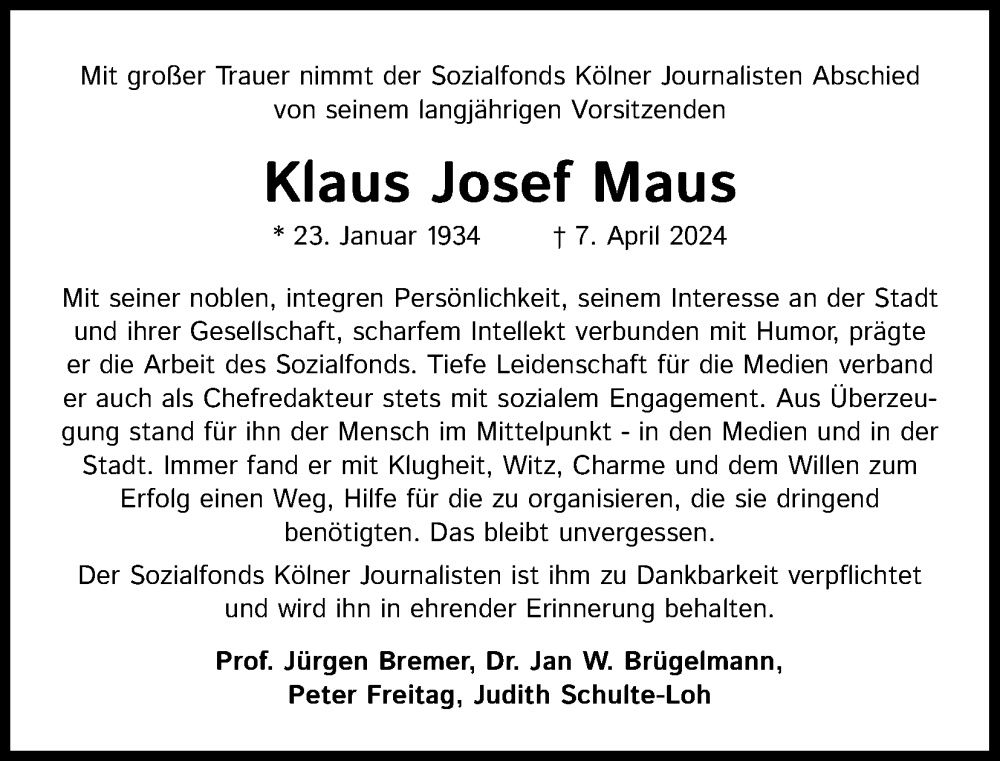  Traueranzeige für Klaus Josef Maus vom 27.04.2024 aus Kölner Stadt-Anzeiger / Kölnische Rundschau / Express