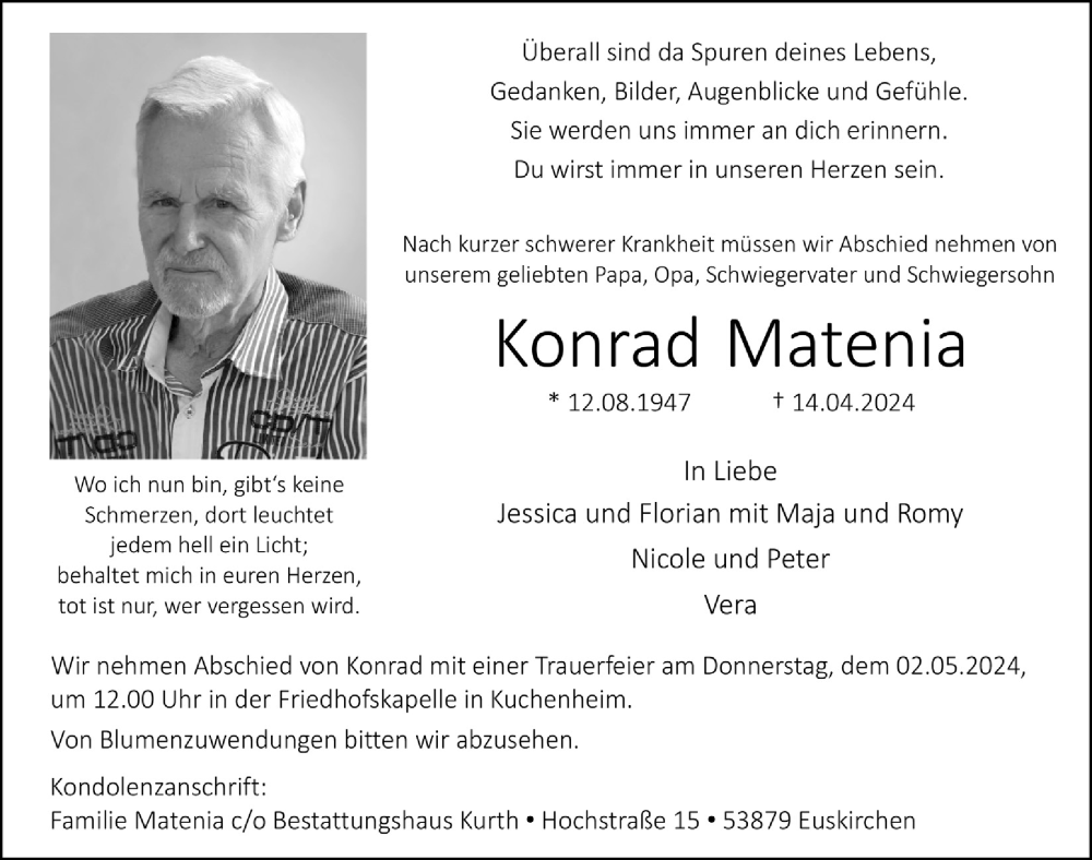  Traueranzeige für Konrad Matenia vom 27.04.2024 aus  Blickpunkt Euskirchen 