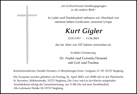 Anzeige von Kurt Gigler von Kölner Stadt-Anzeiger / Kölnische Rundschau / Express