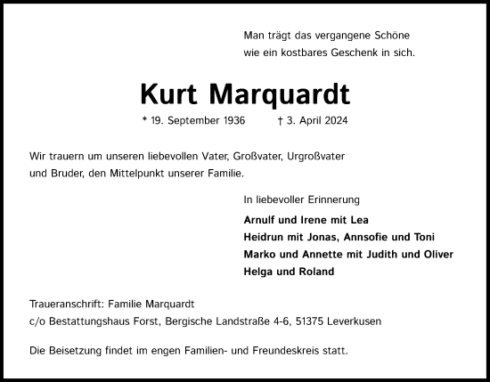 Anzeige von Kurt Marquardt von Kölner Stadt-Anzeiger / Kölnische Rundschau / Express
