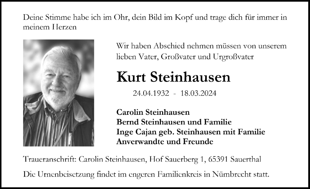  Traueranzeige für Kurt Steinhausen vom 05.04.2024 aus  Lokalanzeiger 