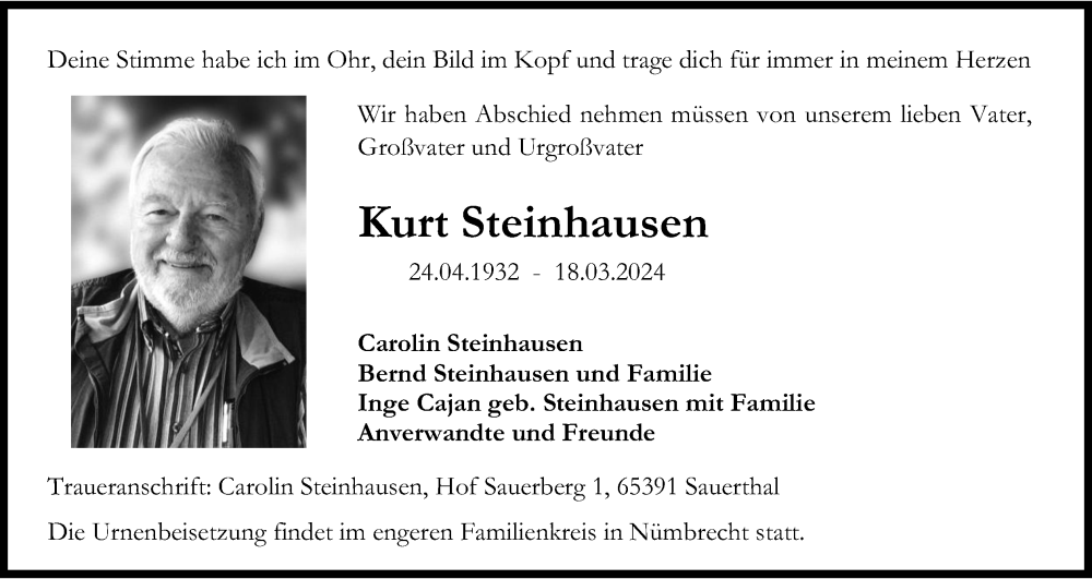  Traueranzeige für Kurt Steinhausen vom 30.03.2024 aus Kölner Stadt-Anzeiger / Kölnische Rundschau / Express