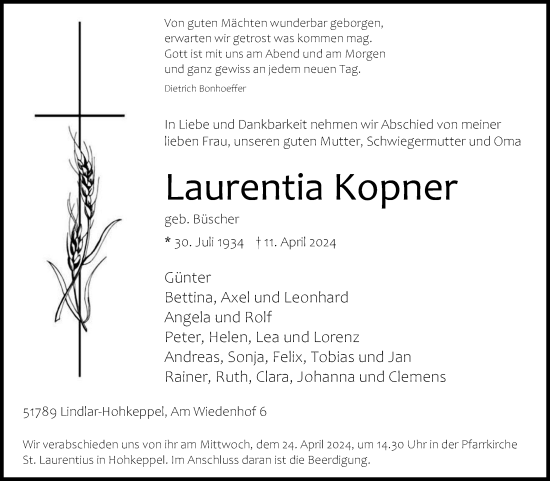 Anzeige von Laurentia Kopner von Kölner Stadt-Anzeiger / Kölnische Rundschau / Express