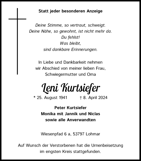 Anzeige von Leni Kurtsiefer von Kölner Stadt-Anzeiger / Kölnische Rundschau / Express