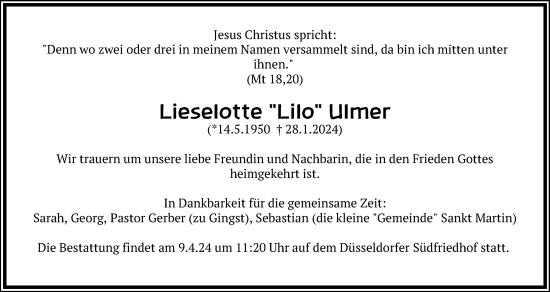 Anzeige von Lieselotte Ulmer von Kölner Stadt-Anzeiger / Kölnische Rundschau / Express