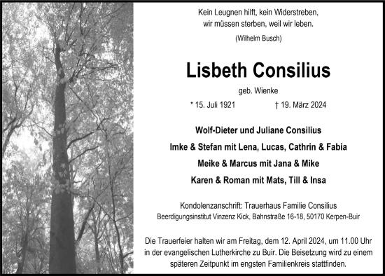Anzeige von Lisbeth Consilius von  Werbepost 