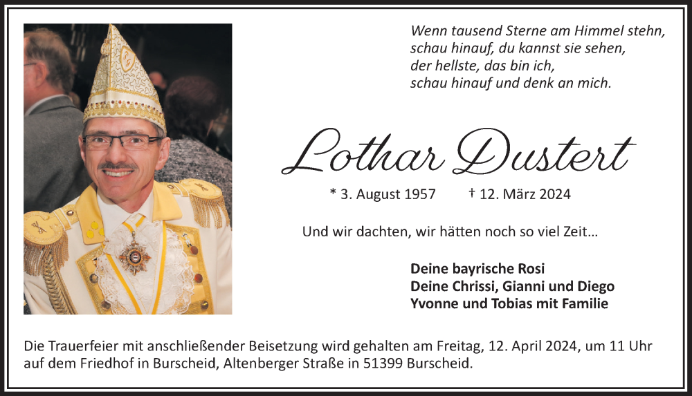  Traueranzeige für Lothar Dustert vom 05.04.2024 aus  Lokale Informationen 