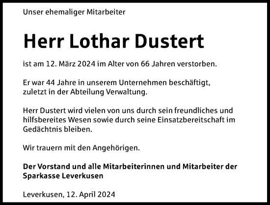 Anzeige von Lothar Dustert von Kölner Stadt-Anzeiger / Kölnische Rundschau / Express