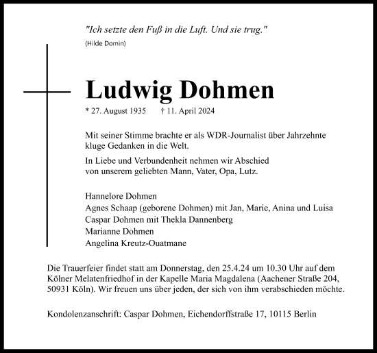 Anzeige von Ludwig Dohmen von Kölner Stadt-Anzeiger / Kölnische Rundschau / Express