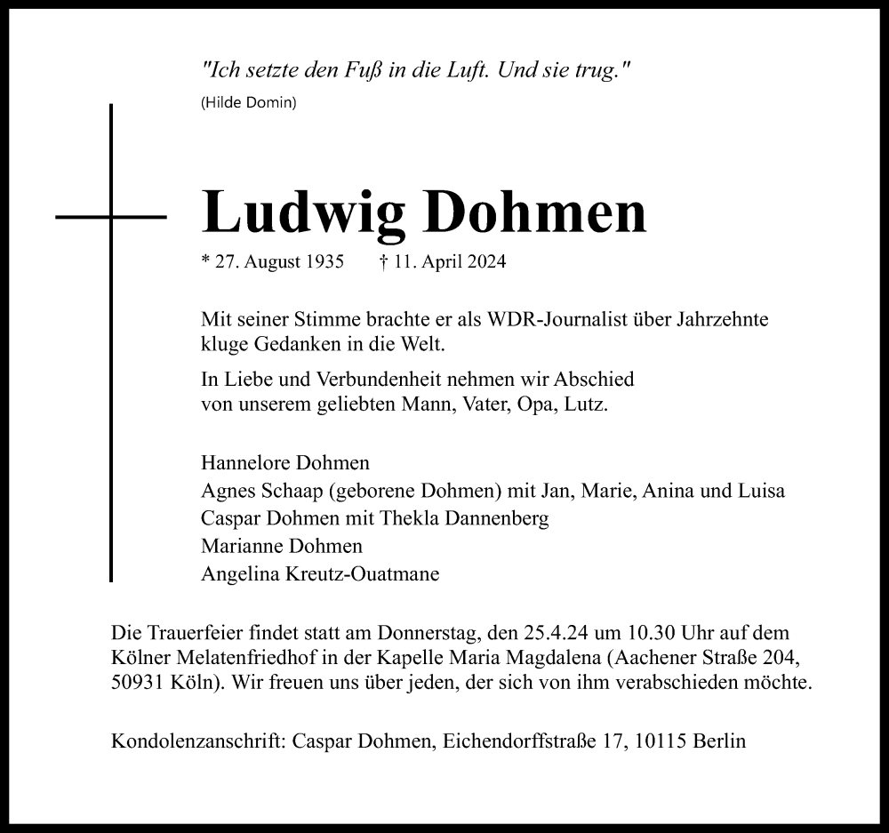  Traueranzeige für Ludwig Dohmen vom 20.04.2024 aus Kölner Stadt-Anzeiger / Kölnische Rundschau / Express