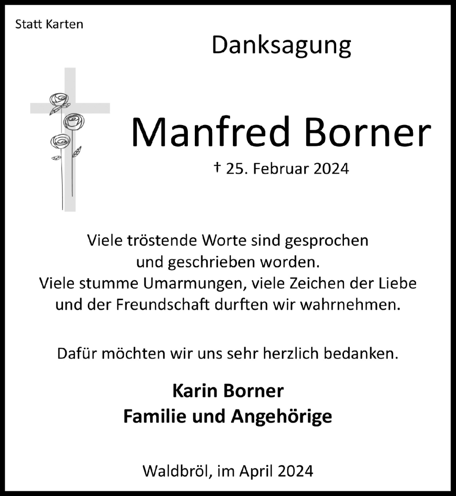  Traueranzeige für Manfred Borner vom 05.04.2024 aus  Lokalanzeiger 
