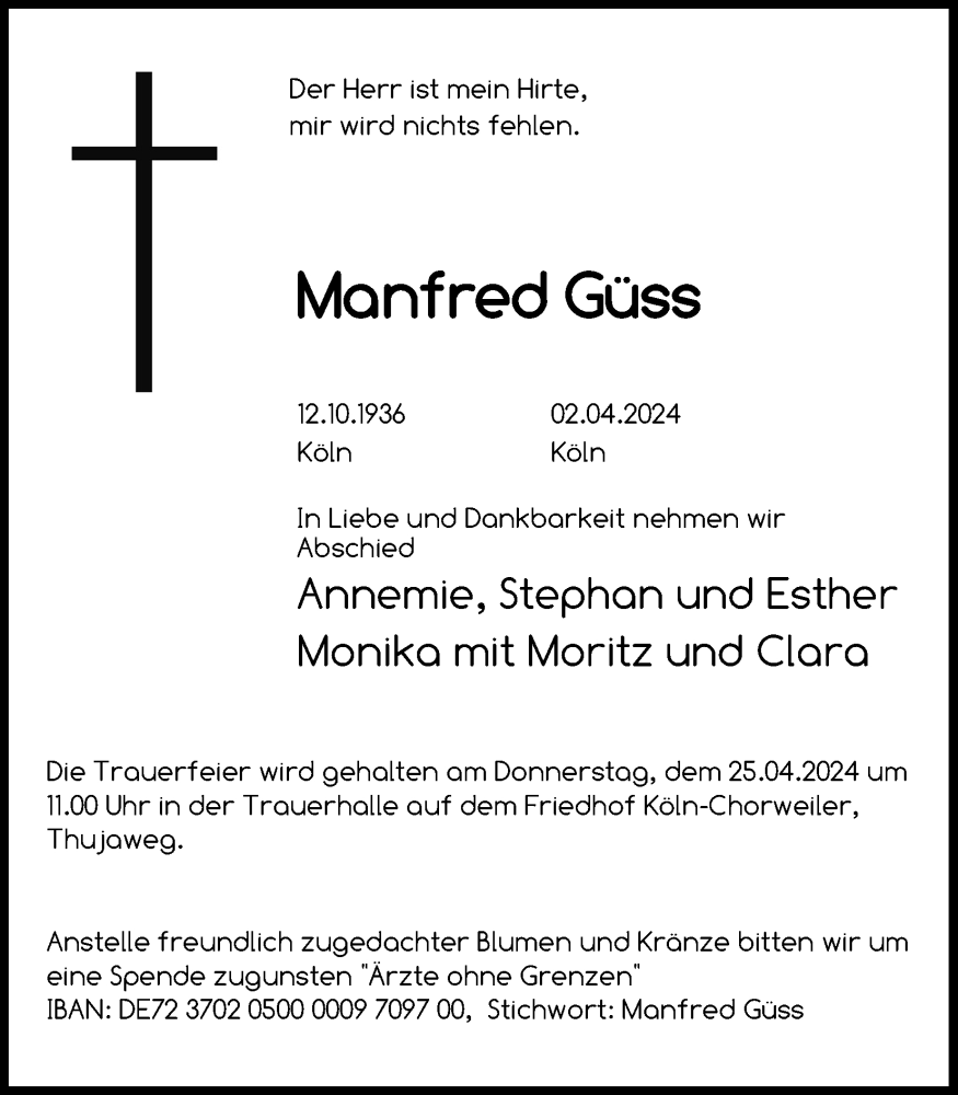  Traueranzeige für Manfred Güss vom 13.04.2024 aus Kölner Stadt-Anzeiger / Kölnische Rundschau / Express