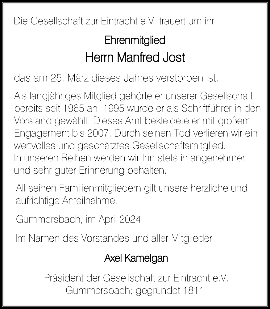  Traueranzeige für Manfred Jost vom 03.04.2024 aus Kölner Stadt-Anzeiger / Kölnische Rundschau / Express