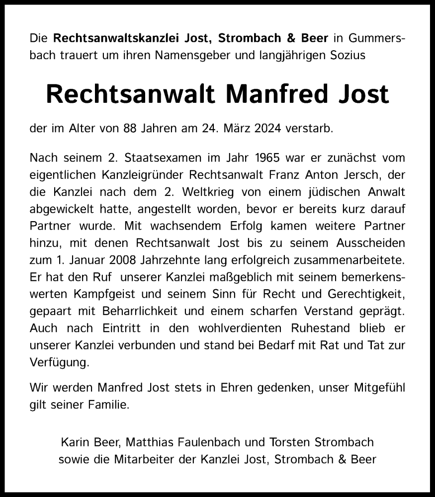  Traueranzeige für Manfred Jost vom 03.04.2024 aus Kölner Stadt-Anzeiger / Kölnische Rundschau / Express