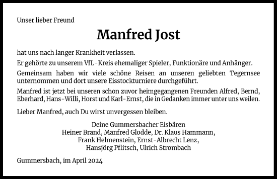 Anzeige von Manfred Jost von Kölner Stadt-Anzeiger / Kölnische Rundschau / Express