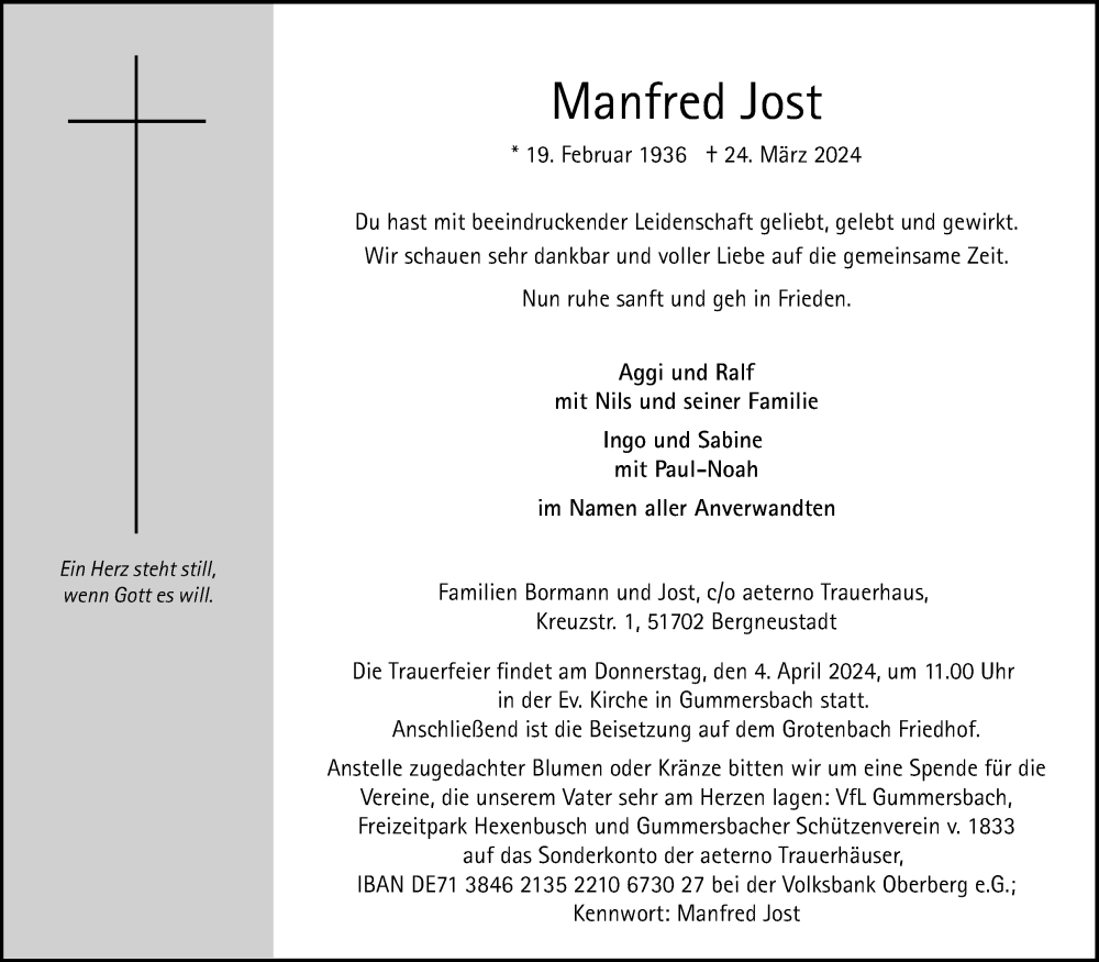  Traueranzeige für Manfred Jost vom 30.03.2024 aus Kölner Stadt-Anzeiger / Kölnische Rundschau / Express