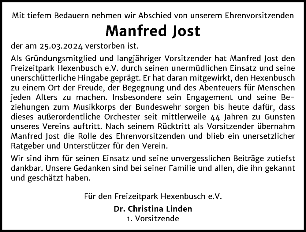  Traueranzeige für Manfred Jost vom 30.03.2024 aus Kölner Stadt-Anzeiger / Kölnische Rundschau / Express