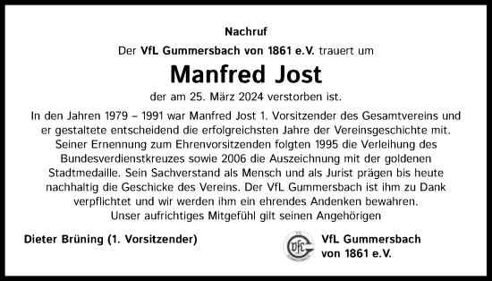 Anzeige von Manfred Jost von Kölner Stadt-Anzeiger / Kölnische Rundschau / Express