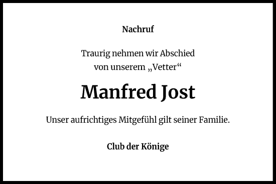 Anzeige von Manfred Jost von Kölner Stadt-Anzeiger / Kölnische Rundschau / Express
