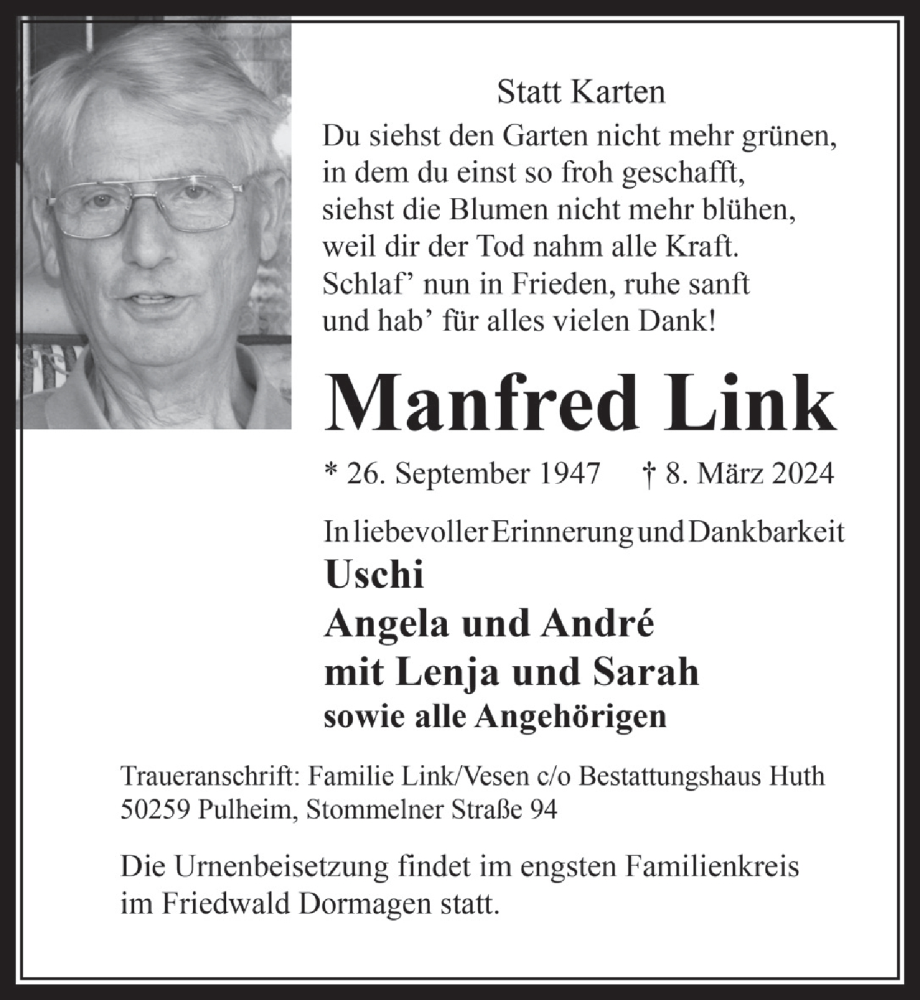  Traueranzeige für Manfred Link vom 12.04.2024 aus  Werbepost 