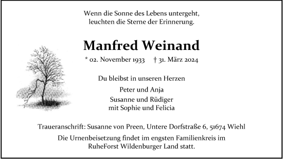 Anzeige von Manfred Weinand von Kölner Stadt-Anzeiger / Kölnische Rundschau / Express