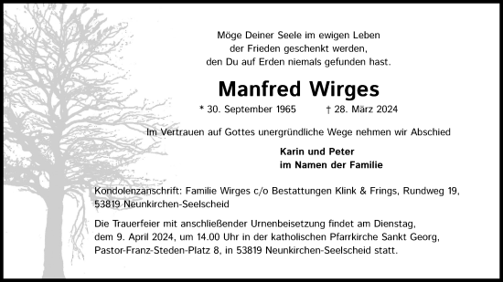 Anzeige von Manfred Wirges von Kölner Stadt-Anzeiger / Kölnische Rundschau / Express