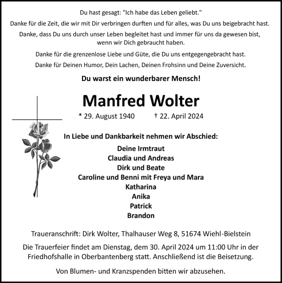 Anzeige von Manfred Wolter von  Anzeigen Echo 