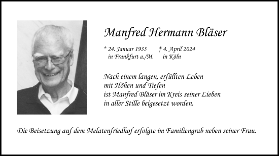 Anzeige von Manfred Hermann Bläser von Kölner Stadt-Anzeiger / Kölnische Rundschau / Express