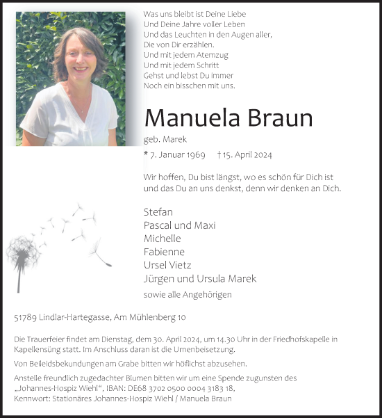 Anzeige von Manuela Braun von Kölner Stadt-Anzeiger / Kölnische Rundschau / Express