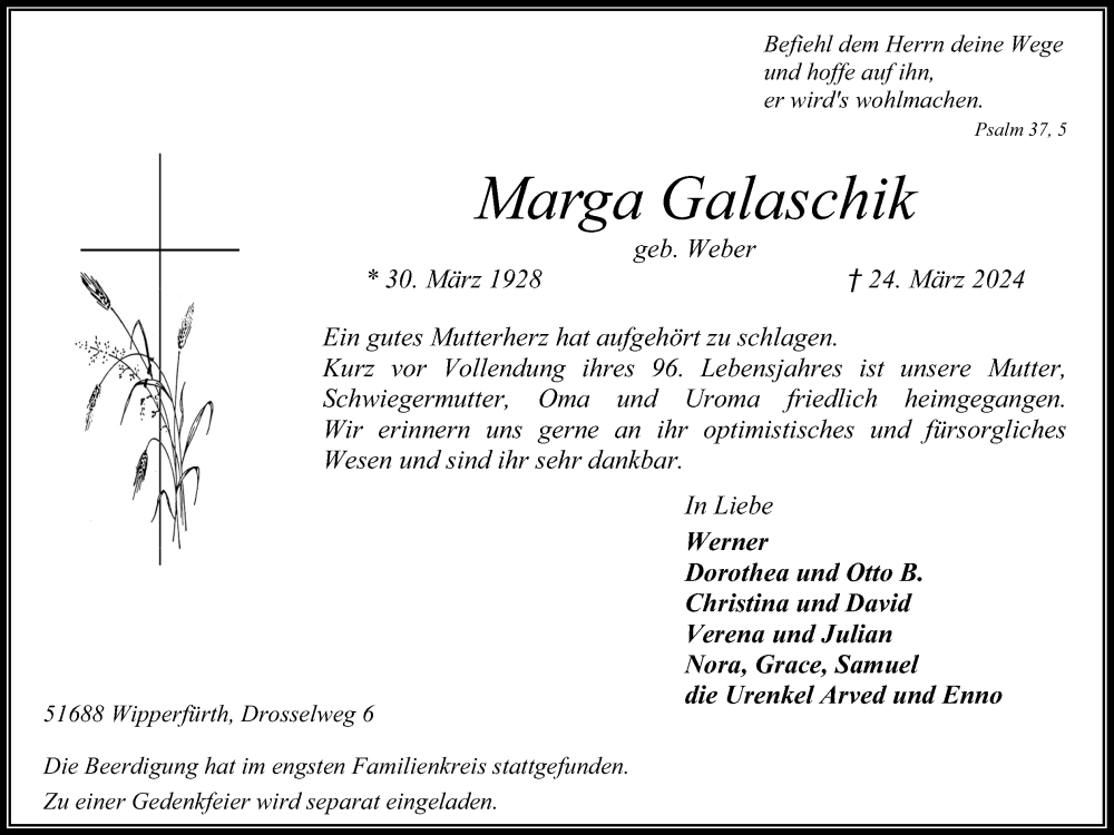  Traueranzeige für Marga Galaschik vom 30.03.2024 aus Kölner Stadt-Anzeiger / Kölnische Rundschau / Express