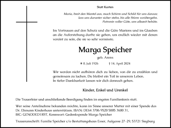 Anzeige von Marga Speicher von Kölner Stadt-Anzeiger / Kölnische Rundschau / Express