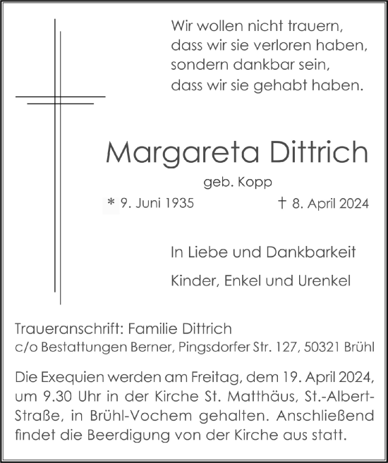 Anzeige von Margareta Dittrich von  Schlossbote/Werbekurier 