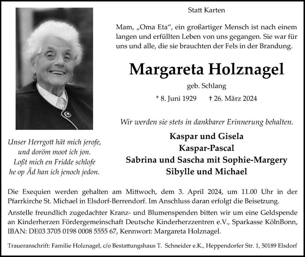  Traueranzeige für Margareta Holznagel vom 30.03.2024 aus Kölner Stadt-Anzeiger / Kölnische Rundschau / Express