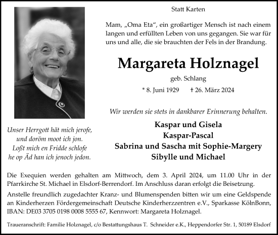 Anzeige von Margareta Holznagel von Kölner Stadt-Anzeiger / Kölnische Rundschau / Express