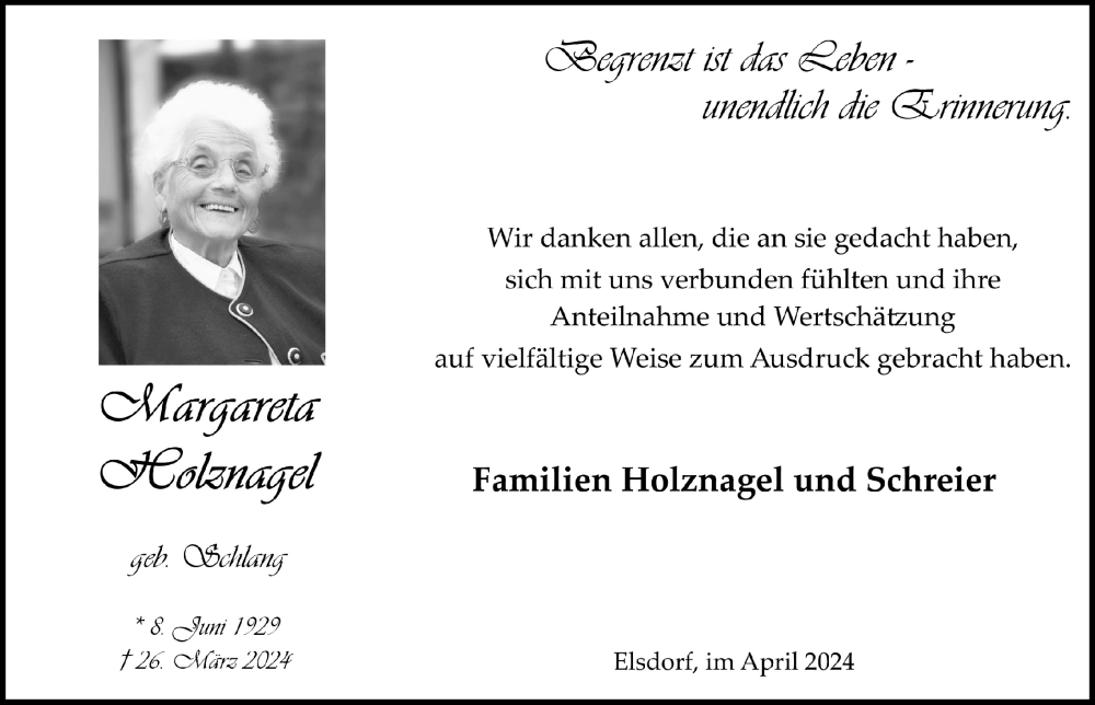 Traueranzeige für Margareta Holznagel vom 26.04.2024 aus  Werbepost 