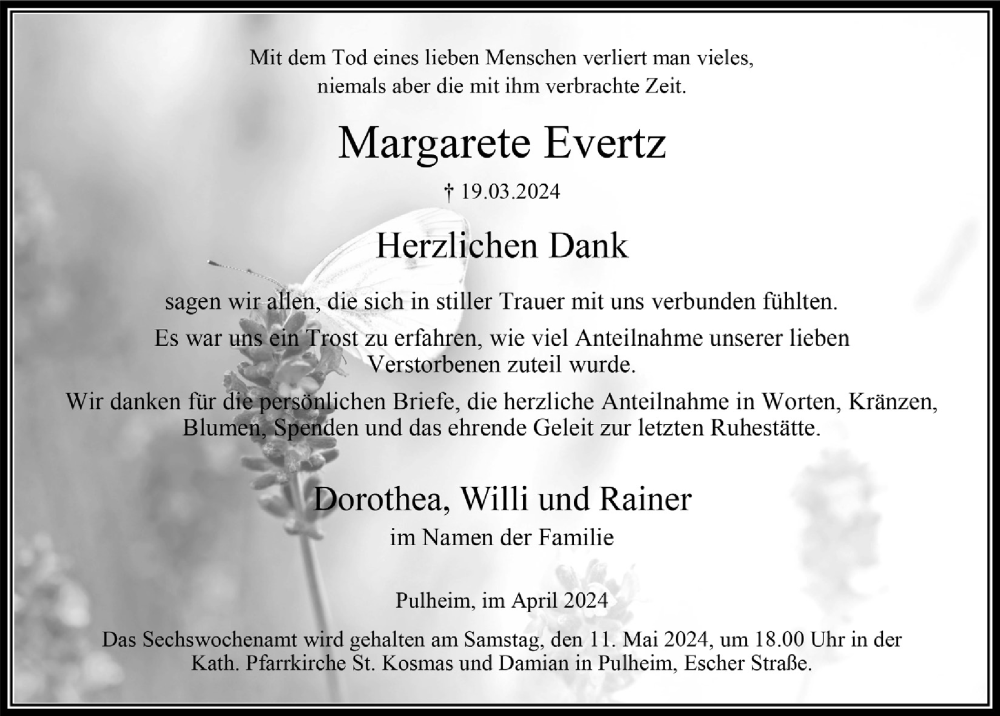  Traueranzeige für Margarete Evertz vom 26.04.2024 aus  Wochenende 