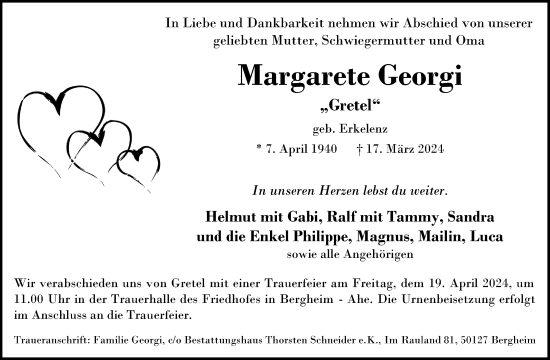 Anzeige von Margarete Georgi von Kölner Stadt-Anzeiger / Kölnische Rundschau / Express