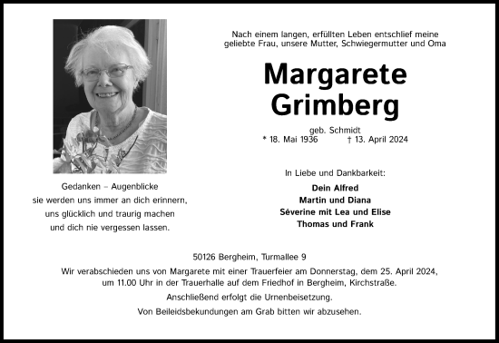 Anzeige von Margarete Grimberg von Kölner Stadt-Anzeiger / Kölnische Rundschau / Express