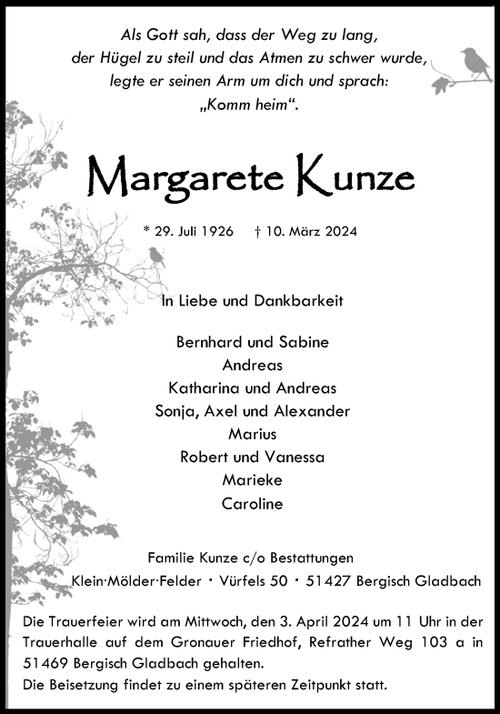 Anzeige von Margarete Kunze von Kölner Stadt-Anzeiger / Kölnische Rundschau / Express