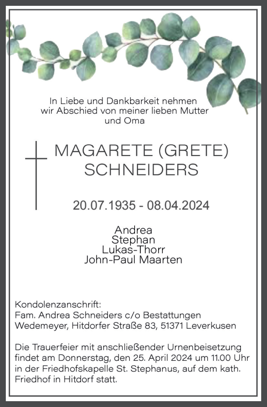 Anzeige von Margarete Schneiders von Kölner Stadt-Anzeiger / Kölnische Rundschau / Express