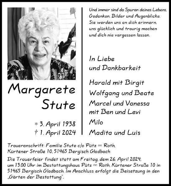 Anzeige von Margarete Stute von  Bergisches Handelsblatt 