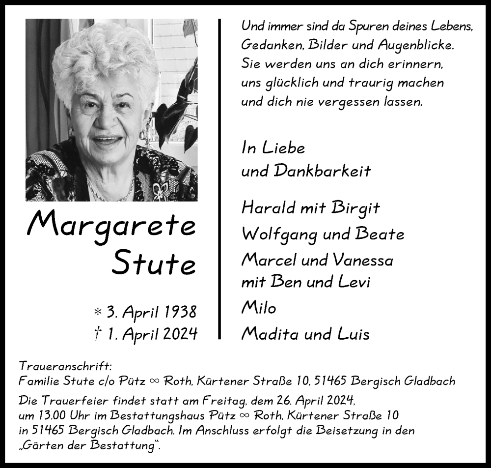  Traueranzeige für Margarete Stute vom 13.04.2024 aus Kölner Stadt-Anzeiger / Kölnische Rundschau / Express
