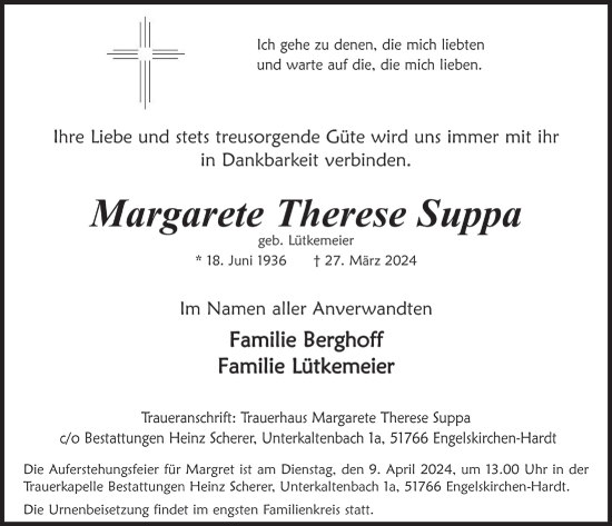 Anzeige von Margarete Therese Suppa von  Anzeigen Echo 