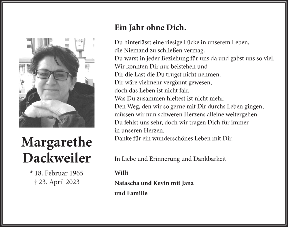  Traueranzeige für Margarethe Dackweiler vom 18.07.2023 aus  Werbepost 