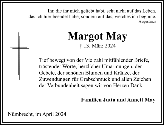 Anzeige von Margot May von Kölner Stadt-Anzeiger / Kölnische Rundschau / Express