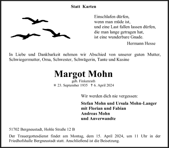 Anzeige von Margot Mohn von Kölner Stadt-Anzeiger / Kölnische Rundschau / Express