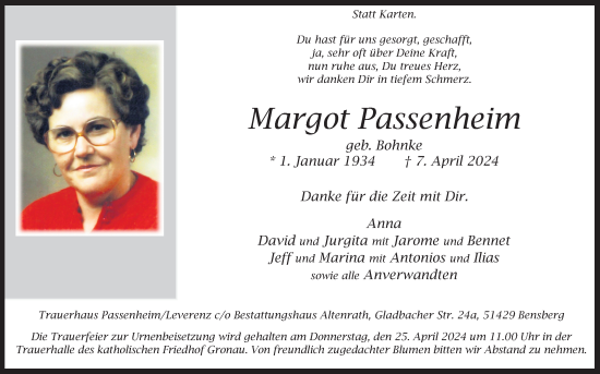 Anzeige von Margot Passenheim von Kölner Stadt-Anzeiger / Kölnische Rundschau / Express