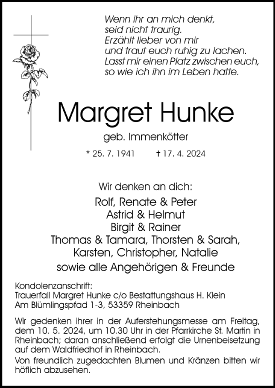 Anzeige von Margret Hunke von  Schaufenster/Blickpunkt 